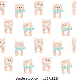 Seamless Pattern of Cute Cartoon Bear with Scarf Design on White Background