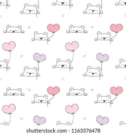 Seamless Pattern of Cute Cartoon Bear Face and Balloon Design on White Background