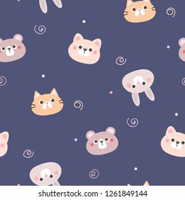 Seamless Pattern of Cute Cartoon Bear, Bunny, Dog and Cat Face Design on Dark Blue Background