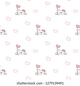 Seamless Pattern of Cute Cartoon Bear and Heart Design on White Background