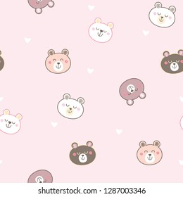 Seamless Pattern with Cute Cartoon Bear Face Design on Pastel Pink Background with Hearts