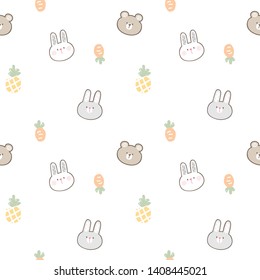 Seamless Pattern with Cute Cartoon Bear Face, Bunny, Carrot and Pineapple on White Background