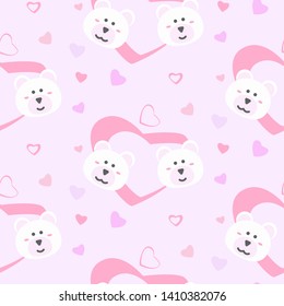 seamless pattern with cute cartoon bear face design on pink background with hearts