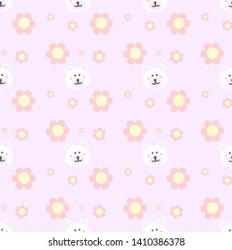 seamless pattern with cute cartoon bear face design on pink background with flowers