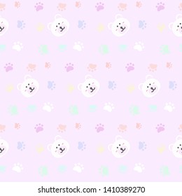 seamless pattern with cute cartoon bear face design on pink background and paws