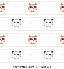 Seamless Pattern of Cute Cartoon Bear and Panda Face Design on White Background with Lines and Hearts