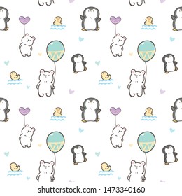 Seamless Pattern of Cute Cartoon Bear, Penguin and Duck Design with Balloons and Hearts on White Background