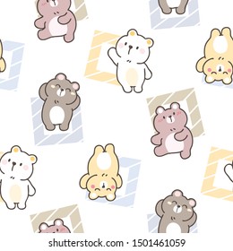Seamless Pattern Of Cute Cartoon Bear With Square Design On White Background