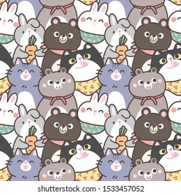 Seamless Pattern of Cute Cartoon Bear, Bunny and Cat Illustration Design