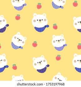 Seamless Pattern Of Cute Cartoon Bear Face And Strawberry Design On Yellow Background