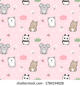 Seamless Pattern of Cute Cartoon Bear, Koala and Panda Design on Pink Background