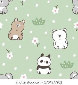 Seamless Pattern with Cute Cartoon Bear, Koala and Panda Design on Green Background