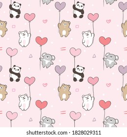 Seamless Pattern with Cute Cartoon Bear, Koala, Panda and Balloon Design on Light Pink Background