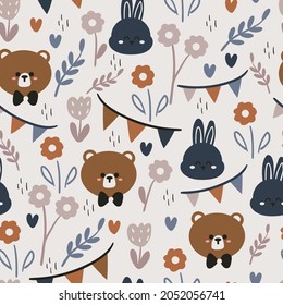 Patrón sin inconvenientes con un lindo oso de dibujos animados, conejito y planta para impresión de tela, textil, papel de envoltura de regalo. vector colorido para textil, de estilo plano