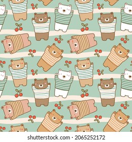 Seamless Pattern of Cute Cartoon Bear and Cherry Design on Green Background with Light Yellow Stripes