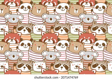 Seamless Pattern of Cute Cartoon Bear, Koala, Panda, Red Panda and Raccoon Illustration Design