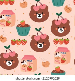 Seamless pattern cute cartoon bear and dessert. vector illustration for kids wallpaper, fabric print, gift wrapping paper