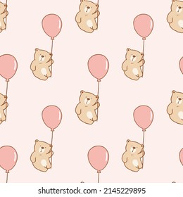 Seamless Pattern with Cute Cartoon Bear and Balloon Design on Light Pink Background