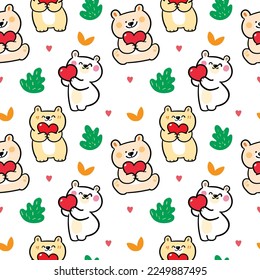 Seamless Pattern of Cute Cartoon Bear with Heart Design on White Background