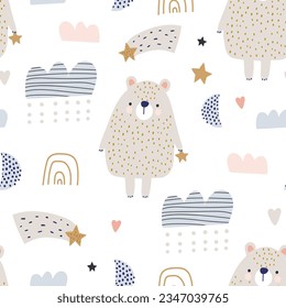 Seamless pattern with cute cartoon bear, clouds. Creative Scandinavian style childish texture. Great for fabric, textile Vector Illustration