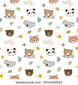 Seamless Pattern with Cute Cartoon Bear, Koala, Panda Face and Leaf Design on White Background
