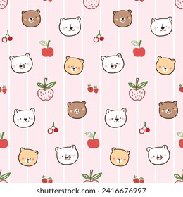 Patrón transparente de caricatura y diseño de frutas en fondo rosa con líneas blancas
