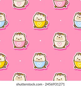 Seamless pattern with cute cartoon bear shaped cupcakes stickers - kawaii background with asian sweets for Your design