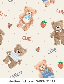 seamless pattern of cute cartoon bear doll in costume vector illustration