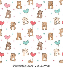 Seamless Pattern with Cute Cartoon Bear, Balloon and Heart Design on White Background. Hand Drawn Vector Illustration. Not AI Generated.