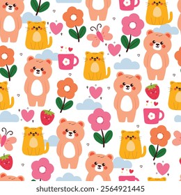 seamless pattern cute cartoon bear and cat with flower and cute stuff doodle. cute animal pattern for wallpaper, background and gift wrap paper