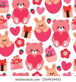 seamless pattern cute cartoon bear and bunny holding pink heart. cute animal pattern for valentine wallpaper, background