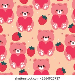 seamless pattern cute cartoon bear holding pink heart. cute animal pattern for valentine wallpaper, background