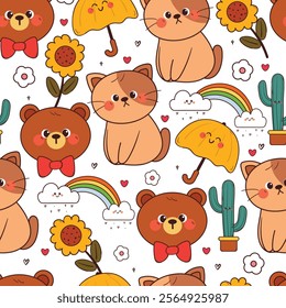 seamless pattern cute cartoon bear and cat with plant and sky element. cute animal pattern for wallpaper, background and gift wrap paper