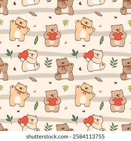 Seamless Pattern of Cute Cartoon Bear, Leaf and Heart Design on Beige Color Background with Wavy Lines. Hand Drawn Vector Illustration. Not AI Generated.