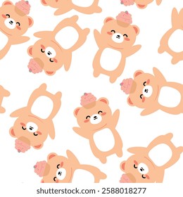 Seamless pattern cute cartoon bear with strawberry cake over head bear . cute animal pattern for wallpaper, background and gift wrap paper