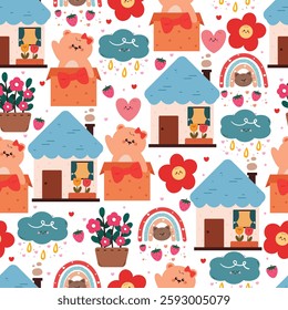 seamless pattern cute cartoon bear and cat with home and sky element and flower. cute animal pattern for wallpaper, background