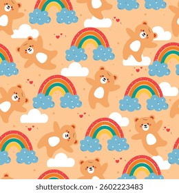 seamless pattern cute cartoon bear with rainbow, clouds and sky element. cute animal pattern for wallpaper, background and gift wrap paper
