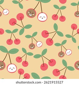 Seamless pattern with cute cartoon bear and cherry, for fabric prints, textiles, gift wrapping paper. children's flat and colorful style