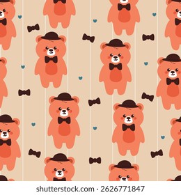 seamless pattern cute cartoon bear wearing hat and cartoon black bow. cute animal pattern for wallpaper and background