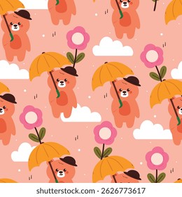 seamless pattern cute cartoon bear wearing hat and yellow umbrella with cartoon flower. cute animal pattern for wallpaper and background