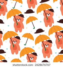 seamless pattern cute cartoon bear wearing hat and yellow umbrella. cute animal pattern for wallpaper and background