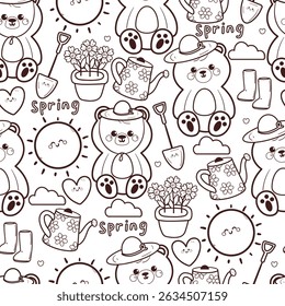 padrão sem costura bonito urso de desenho animado bonito com flor e pote de água. bonito desenho animal preto e branco para papel de parede primavera e fundo