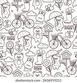 seamless pattern cute cartoon bear and bunny with flower and water pot. cute coloring page animal drawing for spring wallpaper and background