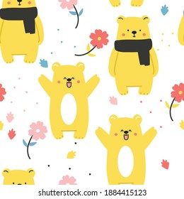 Patrón sin foco con osos tiernos de dibujos animados y flor para la impresión de tela, textil, papel de envoltura de regalo. vector colorido para los niños, de estilo plano