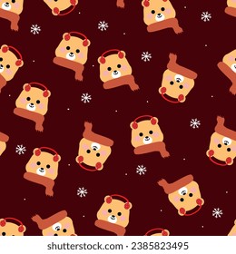 Patrón sin foco con osos adorables de dibujos animados usando bufandas, en tela, textil, papel de envoltura de regalo. vector colorido para niños, de estilo plano