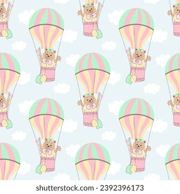 Patrón sin foco, los adorables osos de caricatura vuelan en un globo de aire caliente en el cielo con nubes. Fondo del bebé, impresión, textil, vector