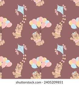 Seamless pattern, cute cartoon bears flying on balloons and kites. Baby shower background, print, vector