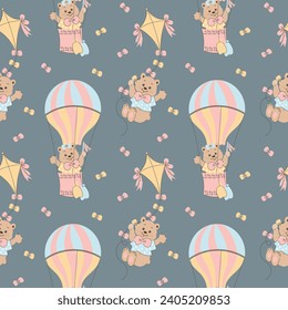 Seamless pattern, cute cartoon bears flying on balloons and kites. Baby shower background, print, vector