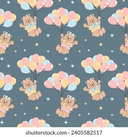 Seamless pattern, cute cartoon bears flying on balloons in the sky with stars. Baby shower background, print, vector	

