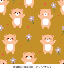 Patrón sin foco con osos de dibujos animados bonitos y flores moradas, para impresiones de tela, textiles, papel de envoltura de regalo. vector colorido para niños, de estílico plano